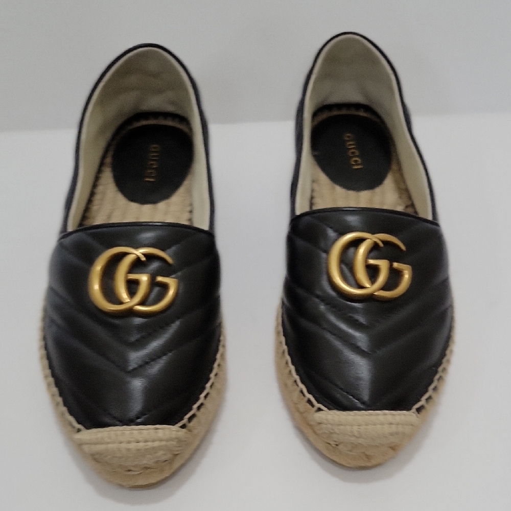 Gucci Black Quilted Leather Espadrille Flats with Gold Double G